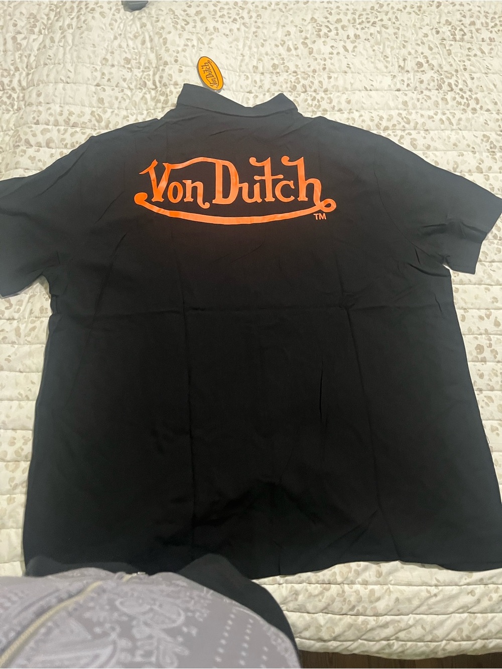 Von Dutch Black Short-Sleeve Button Down Shirt with Orange Logo Patch